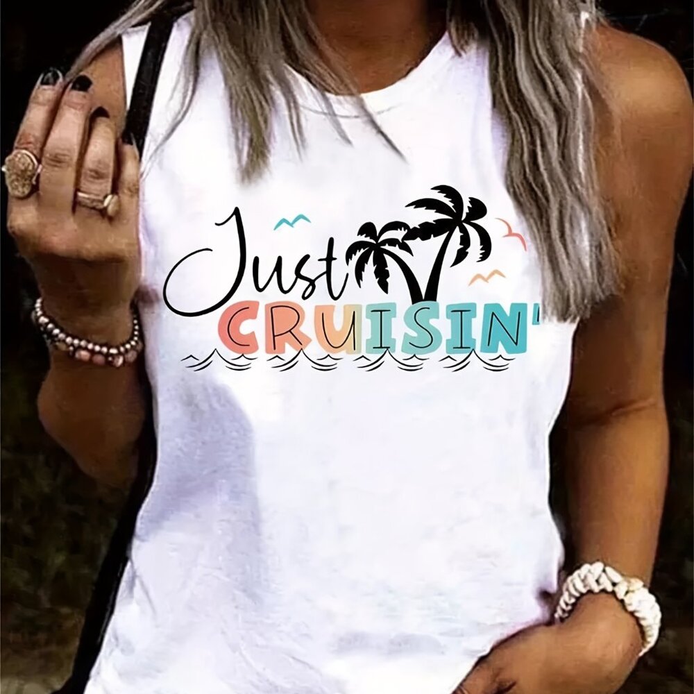 Letter & Coconut Tree Print Tank Top, Casual Crew Neck Sleeveless Tank T…